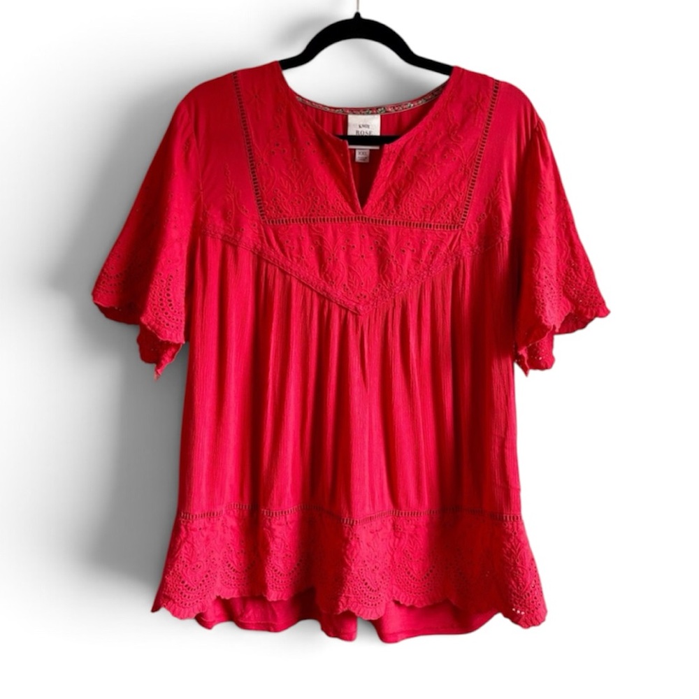 Knox Rose Plus Size Red eyelet lace short sleeve Top V-Neck Size XXL